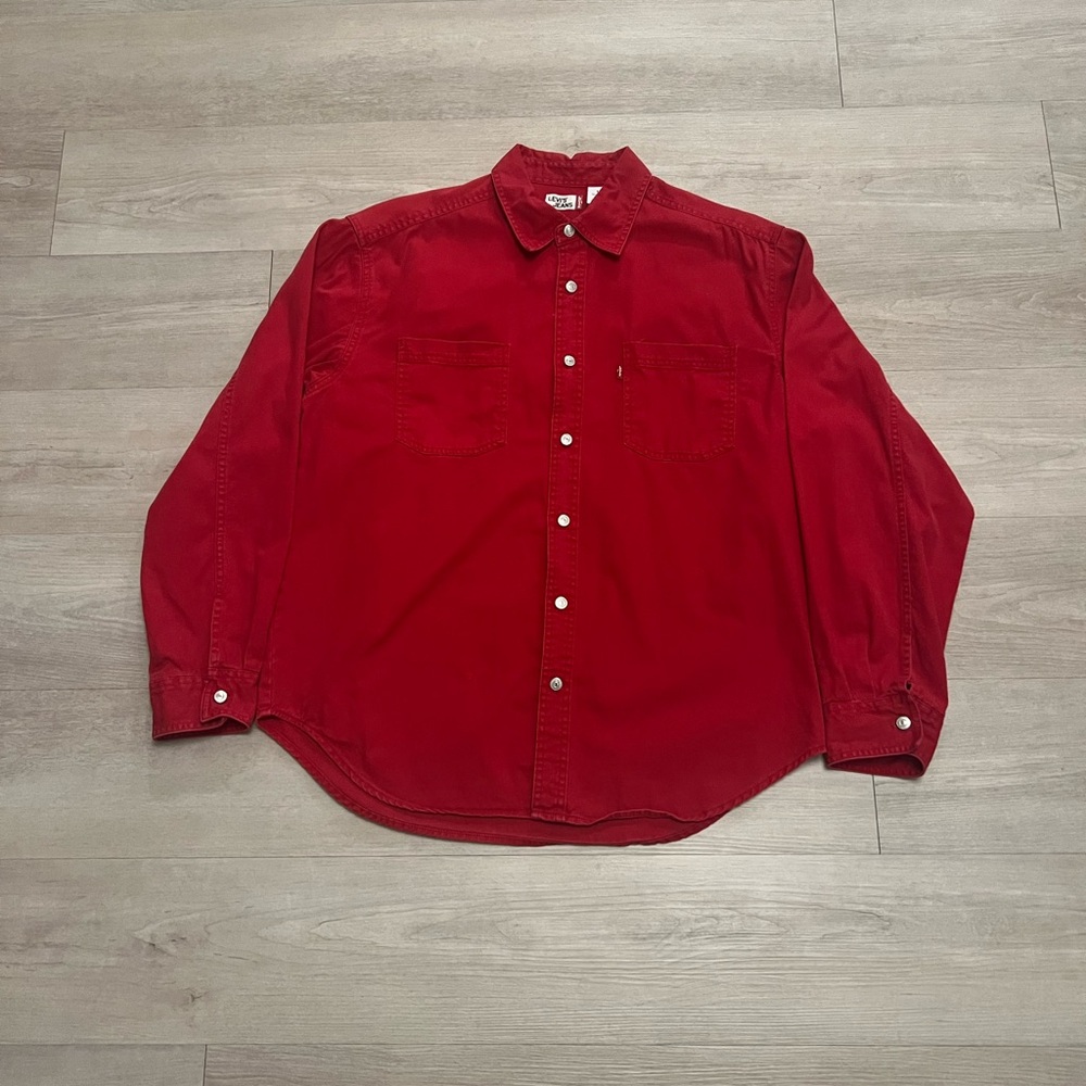 Vintage 90s Levi’s Metal Button Long Sleeve Red Denim Utility Shirt Men’s Size L